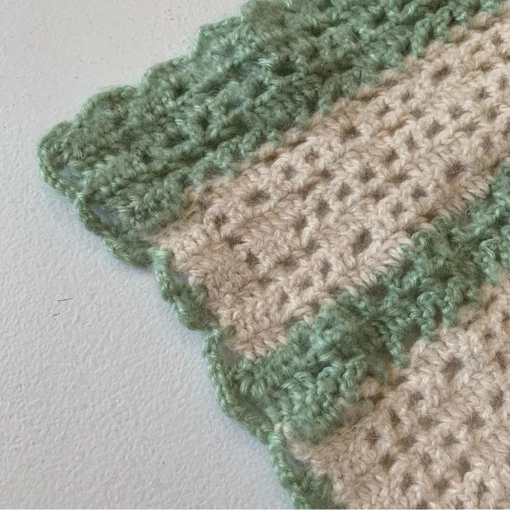 Vintage Handmade Crochet Knit Afghan Throw Blanket Green Cream Tan